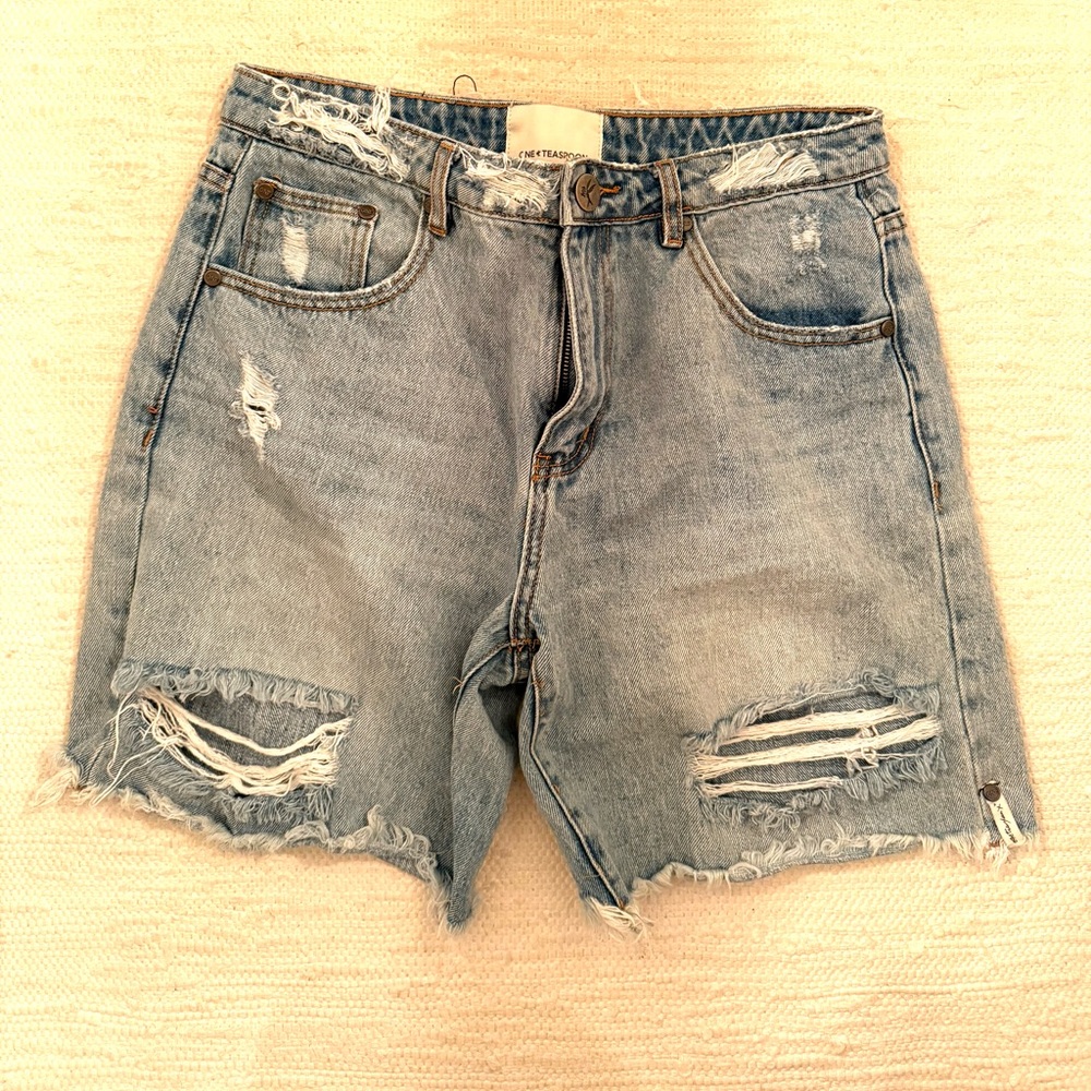 One Teaspoon Light Blue Distressed Denim Jean Shorts